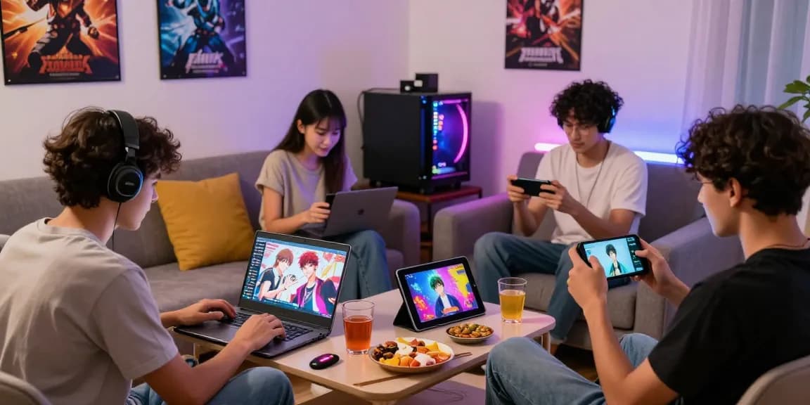 Engaged players enjoying adult games on laptops and tablets in a cozy gaming room atmosphere.