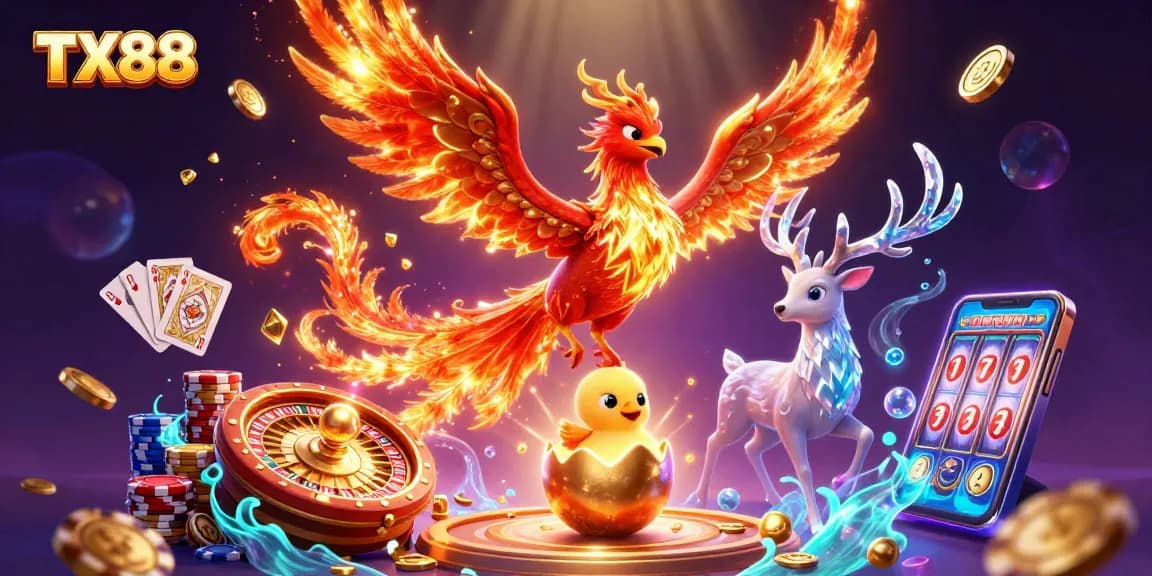 Play games at TX88 while enjoying the vibrant entertainment of a fiery phoenix and dazzling casino elements.