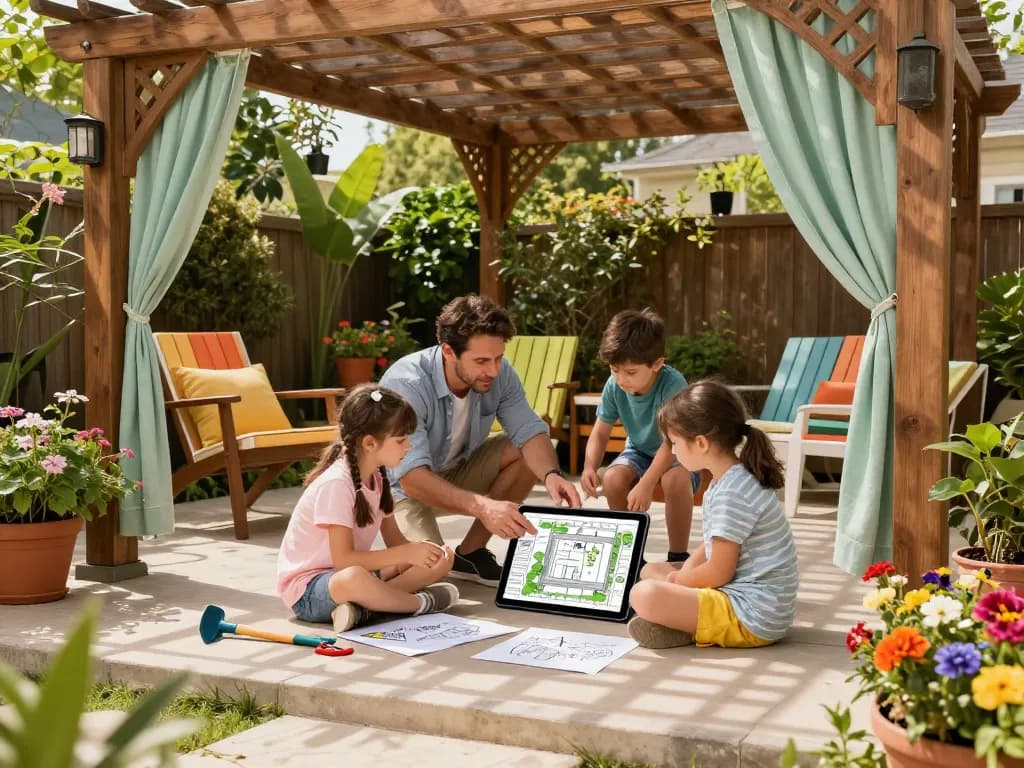 Family using a pergola 3D planner to visualize their outdoor patio design with vibrant garden elements.