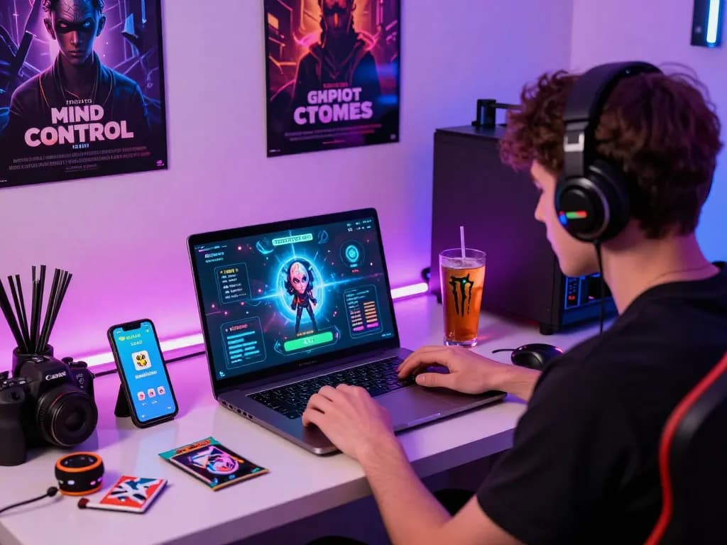 Immersive scene of an individual playing hypno porn games in a colorful gaming setup.