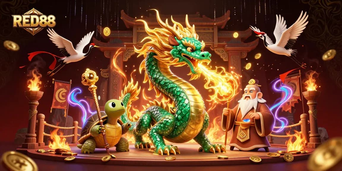 Experience thrilling gameplay with RED88, featuring a dragon and lucky cranes in a vibrant casino scene.