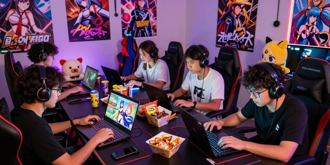 Gamer group enjoying free hentai games in a vibrant gaming atmosphere.