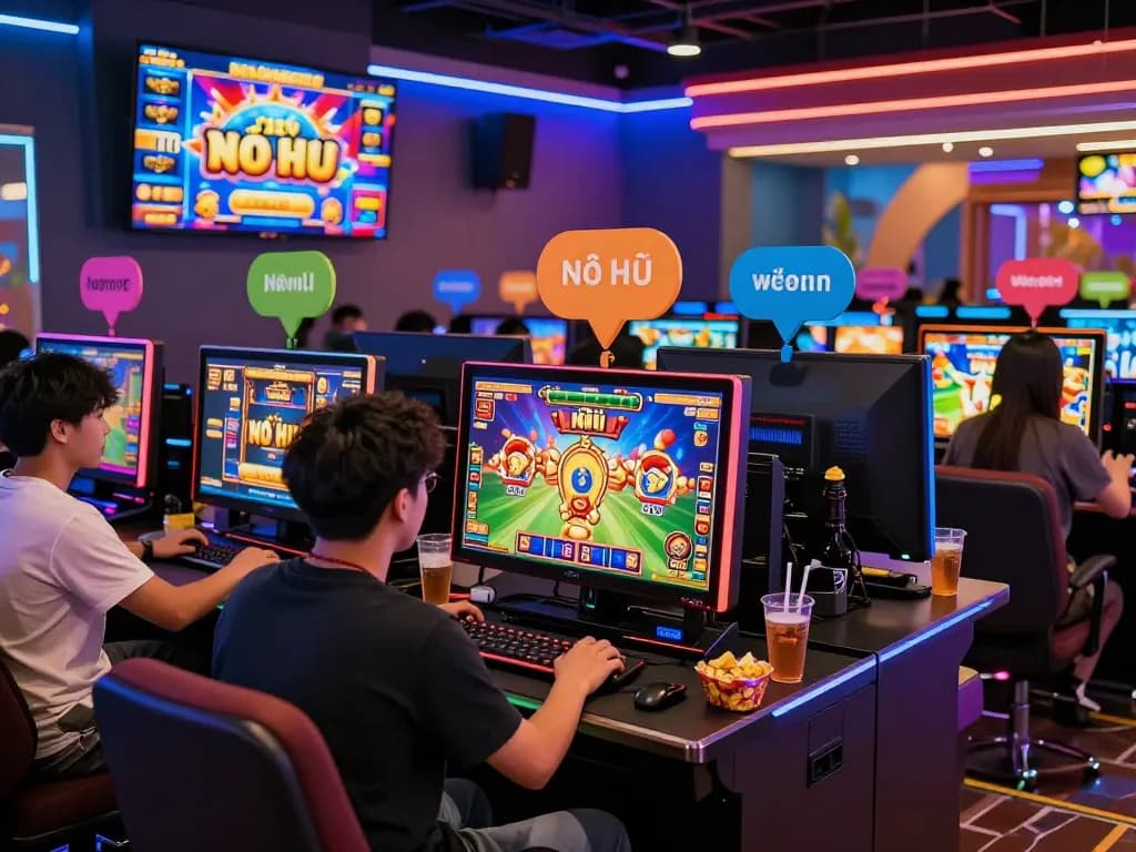 Nổ Hũ online gaming experience with players celebrating jackpots in a vibrant virtual casino.