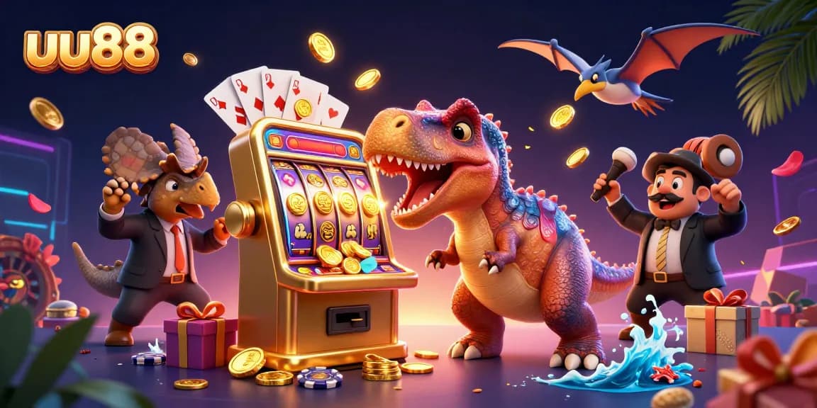 Experience thrilling gameplay at uu88 with animated dinosaurs and jackpot excitement in an engaging casino scene.