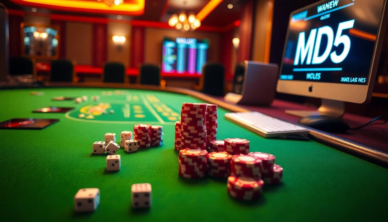 Tài xỉu md5 game table setup showcasing dice and real-time game results.