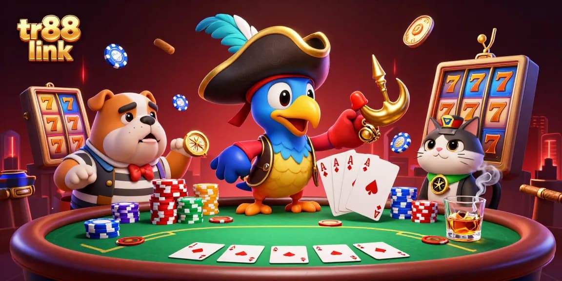 Engage with tr88 link in a vibrant 3D casino scene featuring playful characters and dynamic game elements.