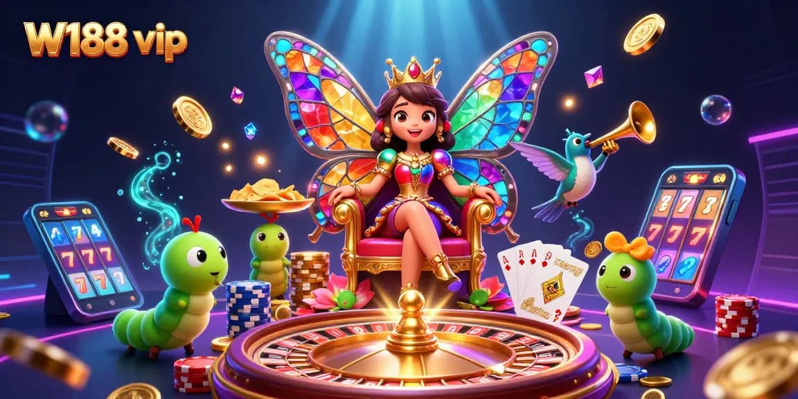 Experience the excitement of W188 vip with a vibrant casino illustration featuring a butterfly queen.