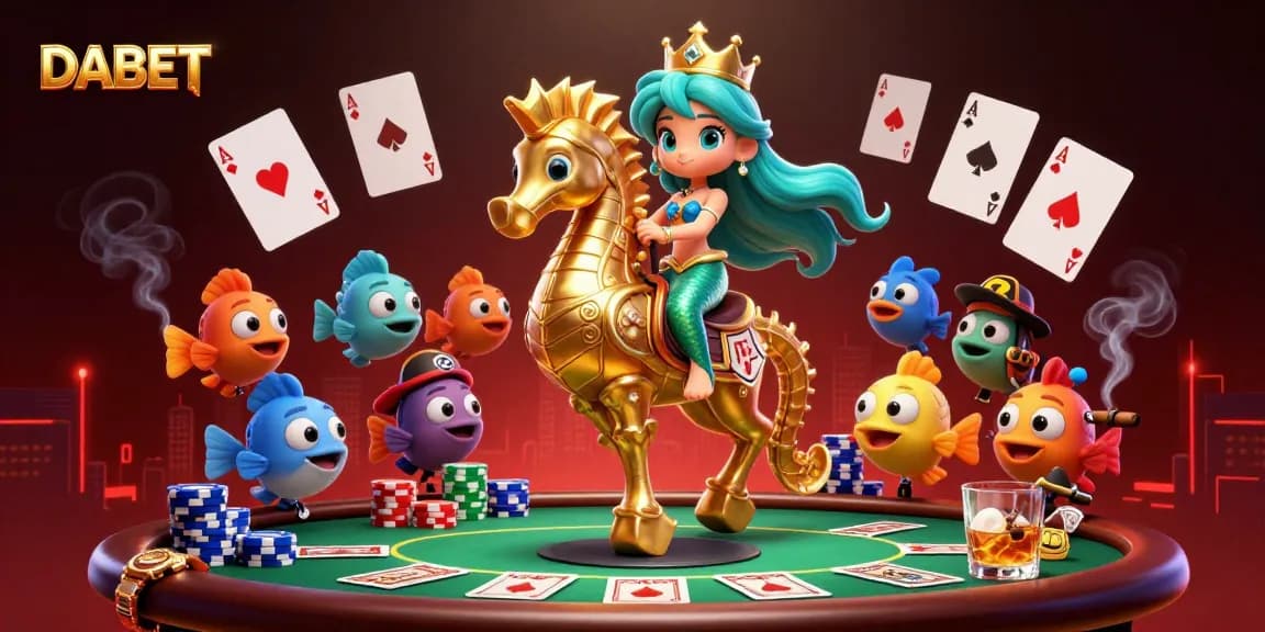 DABET offers a vibrant 3D casino scene featuring a mermaid princess and poker elements.