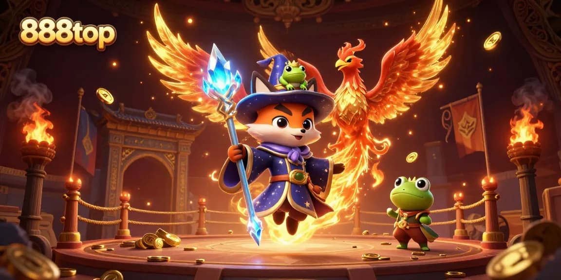 Experience thrilling wins at 888top with an epic wizard fox and phoenix in this action-packed illustration.