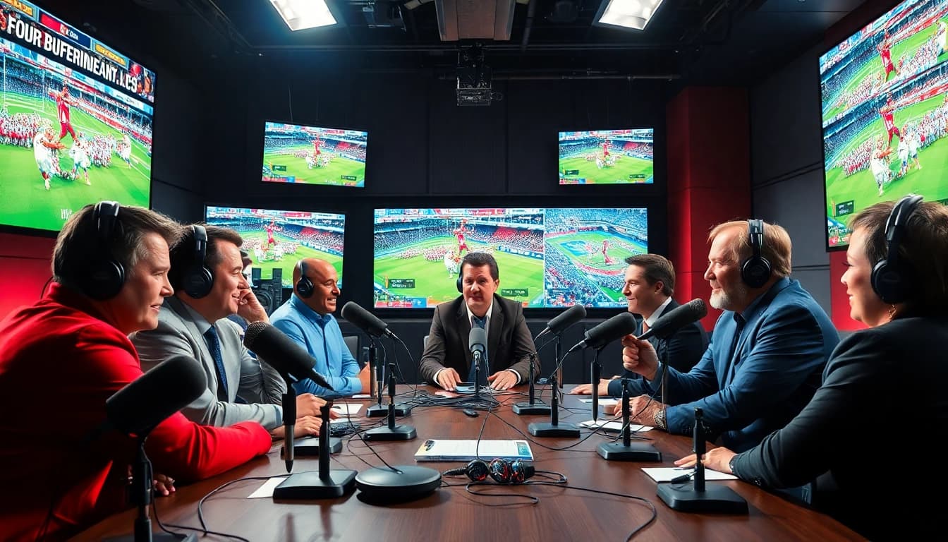 Sports Broadcasting commentators analyzing a live game in a vibrant studio environment.