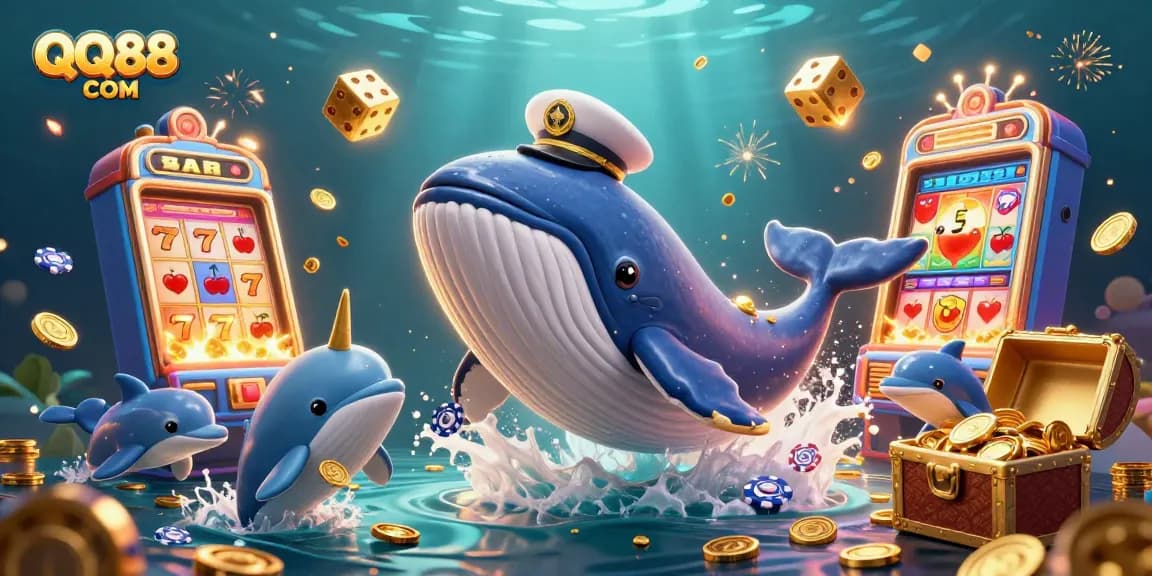 Join the excitement at QQ88 COM with a vibrant casino scene featuring a whimsical whale, golden dice, and playful dolphins.