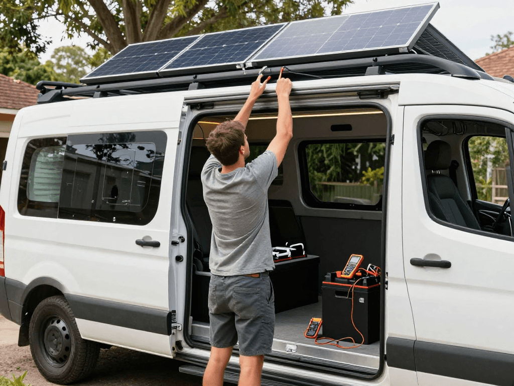 ROKOK88 electrical upgrade for van conversion with builder installing solar panels and battery systems.