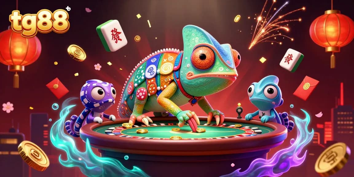 tg88 casino experience with a vibrant chameleon and glowing game elements enhances gaming excitement.
