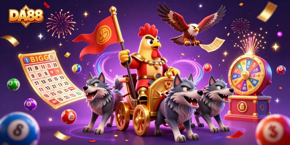 Engage in thrilling gameplay with DA88's vibrant lottery scene featuring a warlord and dynamic game elements.