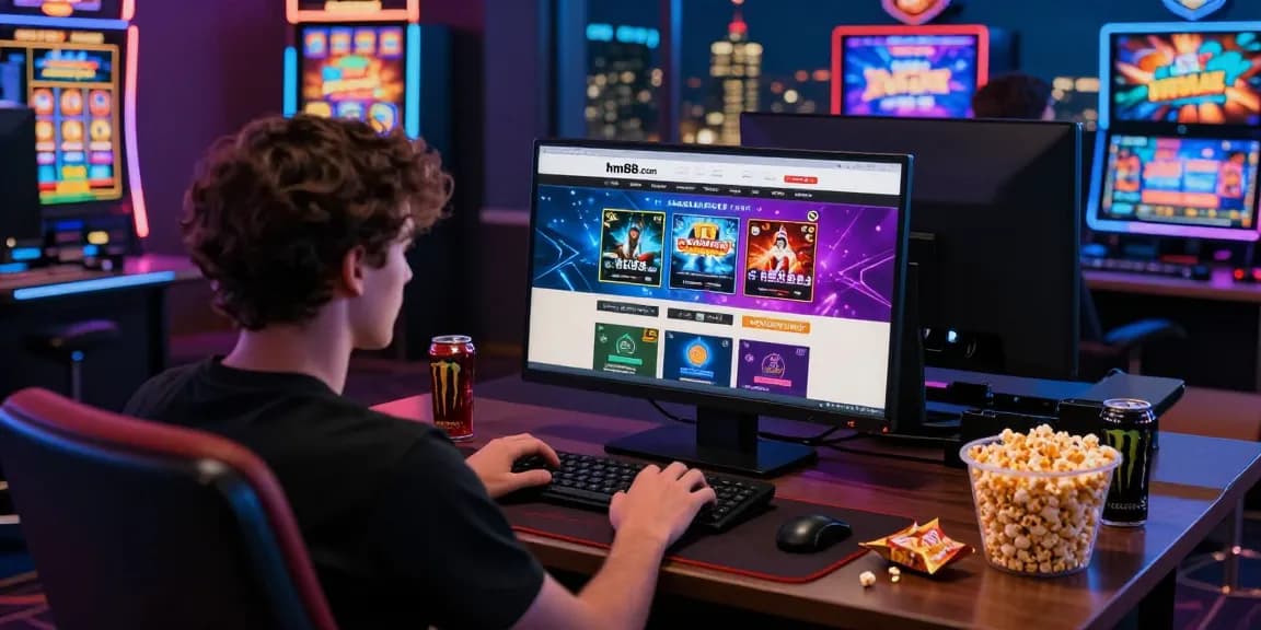 Engaging gambling scene on a laptop with hm88.com homepage showcasing online gaming excitement.