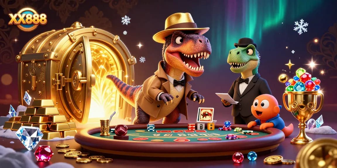 XX888 offers dynamic blackjack action with a velociraptor card counter, surrounded by gold treasures.