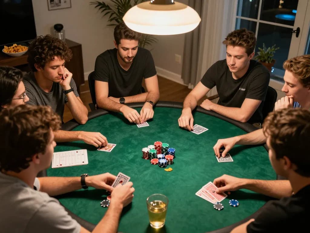 Engaged friends enjoying a lively game night while discussing tin soi kèo strategies, chips and cards in play.