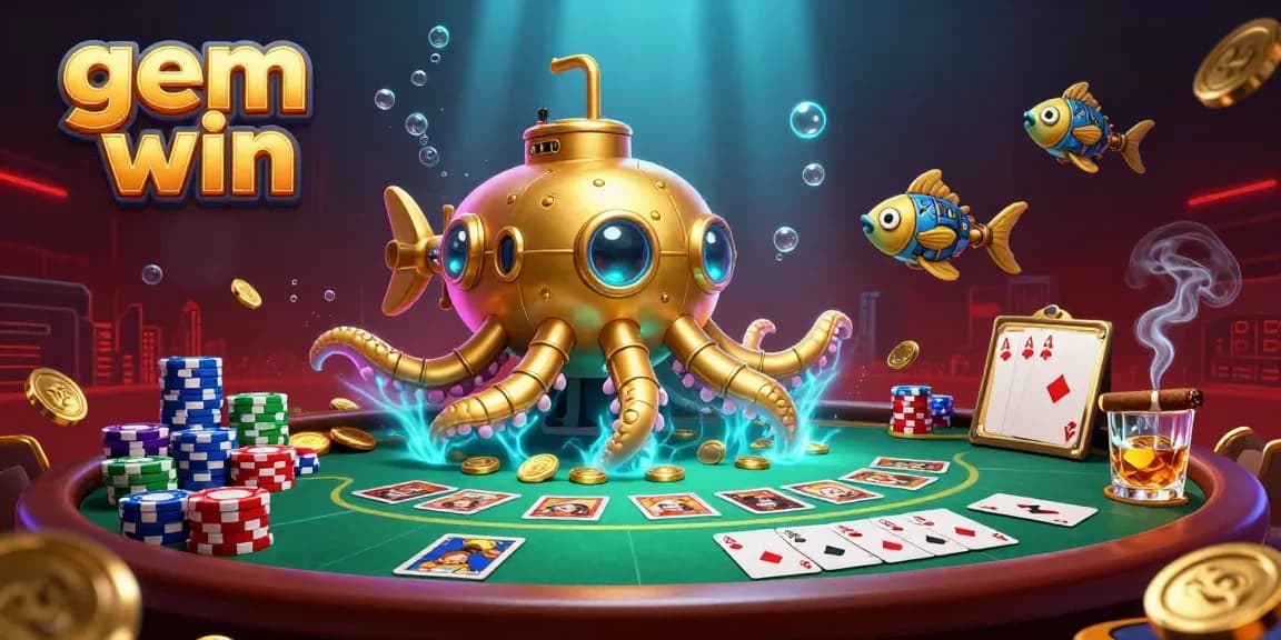 Engage with exciting gameplay at gem win featuring a golden kraken submarine and poker elements.