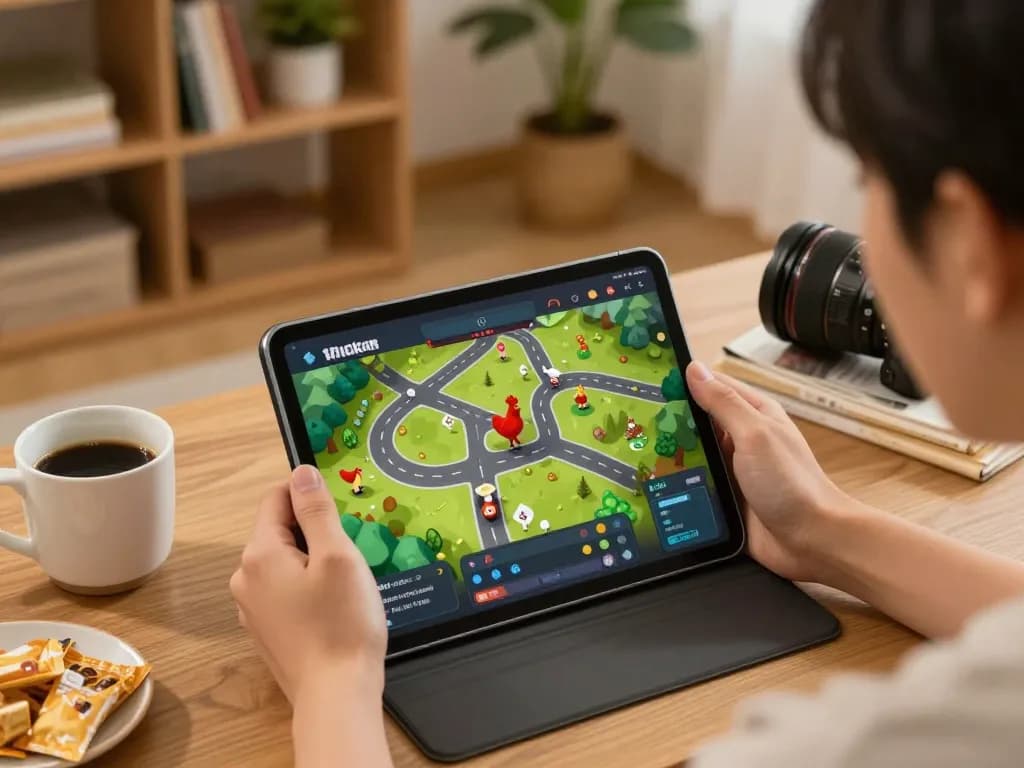 Immagine coinvolgente di un giocatore che si diverte con chicken road recensioni a casa usando un tablet, mostrando un'atmosfera di gioco amichevole.