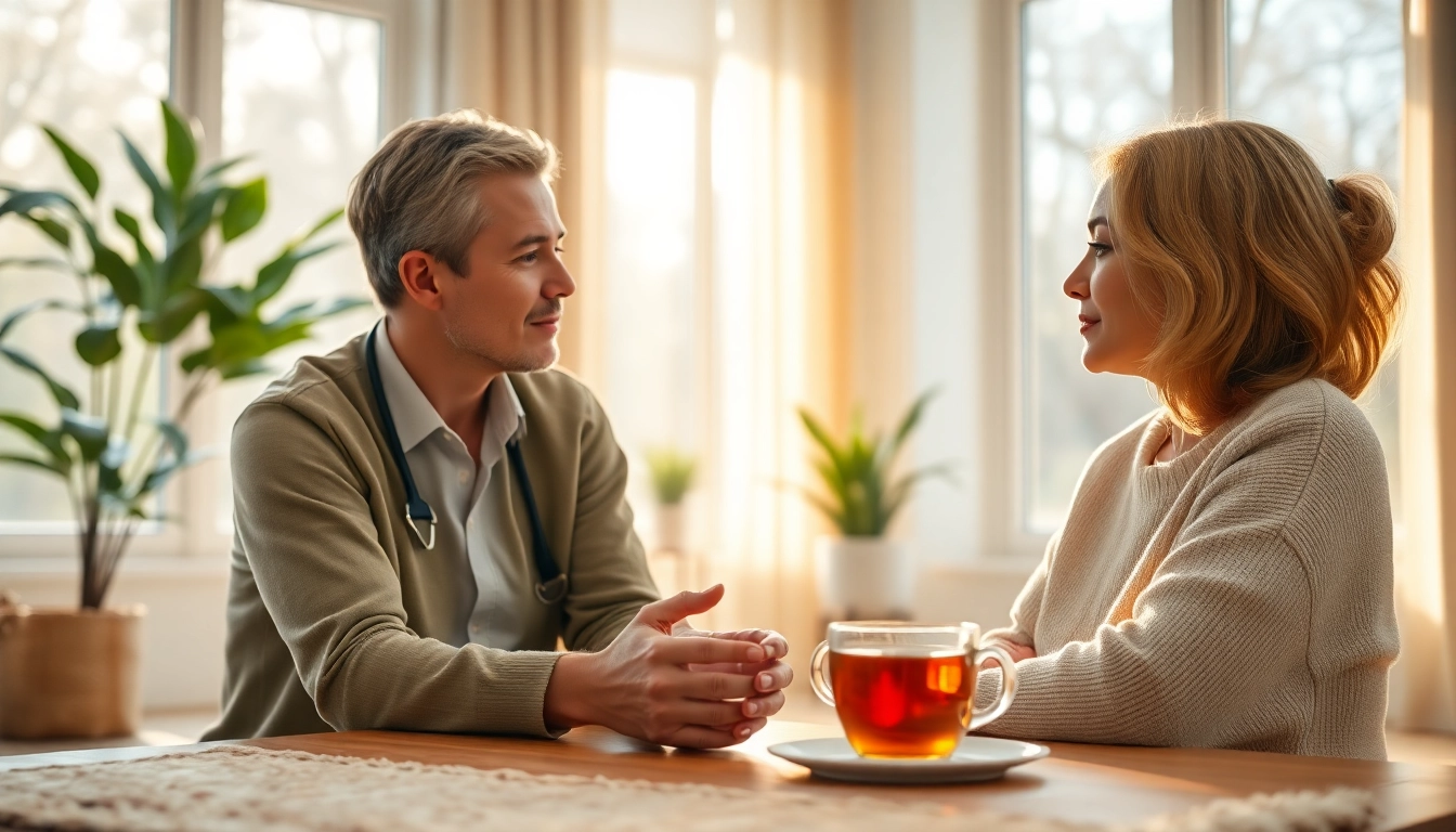 Addressing stress and anxiety in a calming therapy session environment, promoting peace and understanding.