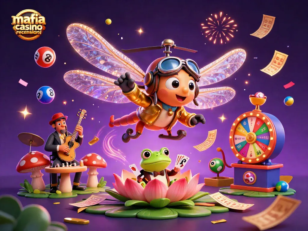 Capture the magic of mafia casino recensioni with a dragonfly pilot, frog croupier, and jazz musicians in an energetic casino scene.