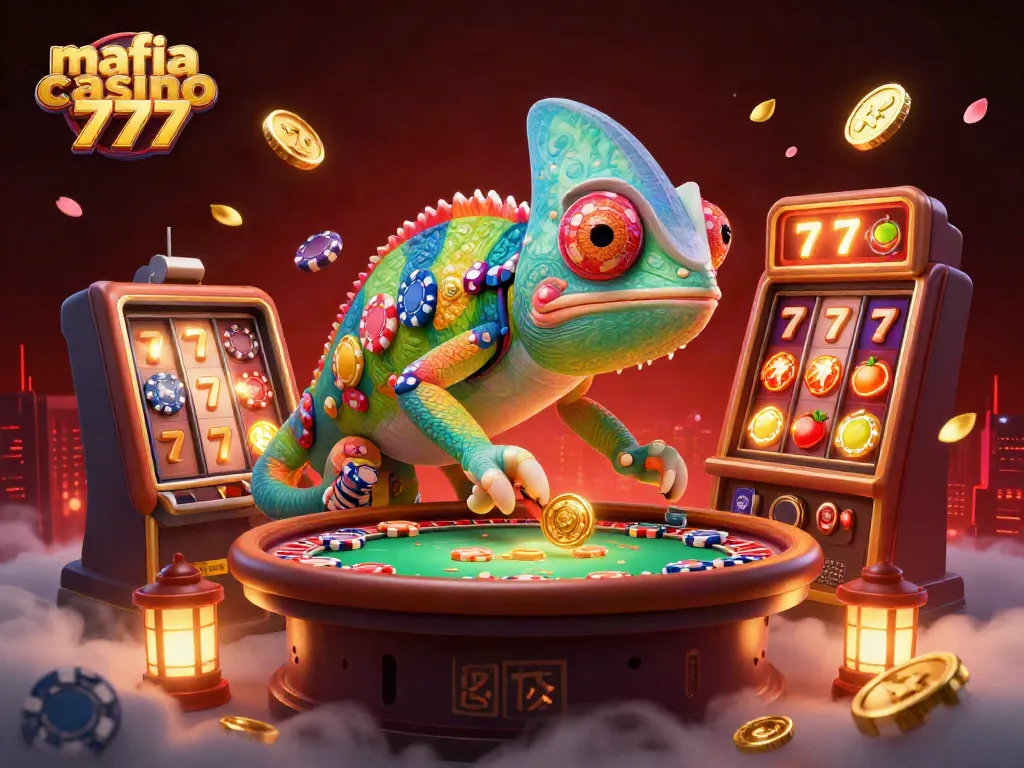 Mafia casino 777 showcases 3D chameleon casino owner amidst vibrant slots, illuminating fireworks.