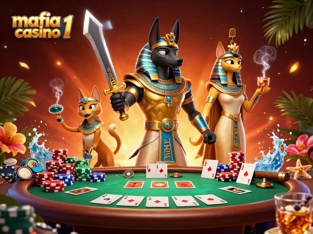 Engage with the thrilling mafia casino 1 experience featuring Anubis and Bastet amidst dynamic poker elements.