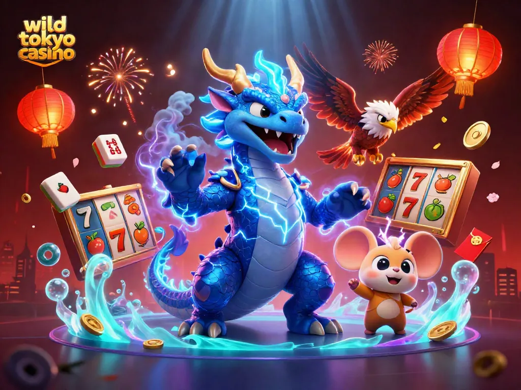 Experience thrilling gaming at wild tokyo casino with vibrant slot reels and electrifying characters!