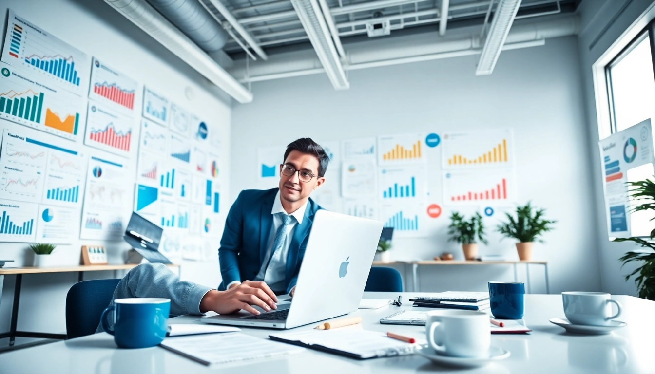 Engaging Social Media Marketing strategist working in a bright office, analyzing trends and strategies.