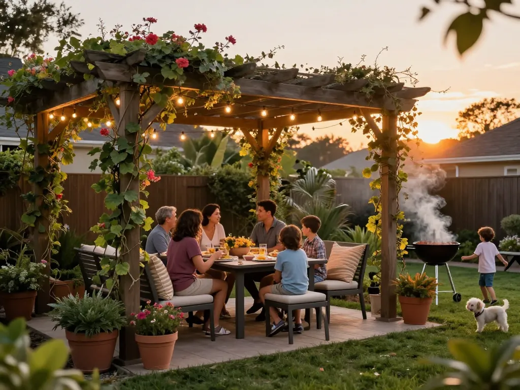 Una famiglia che gusta un pasto sotto una pergola, mostrando la gestione dei contenuti delle pergole (CMS) in un accogliente giardino.
