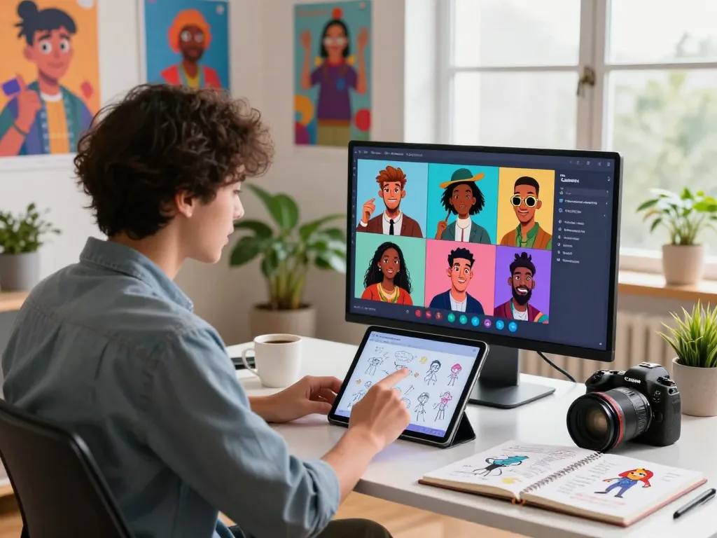 Engaging CrushonAI interaction with diverse characters in a cozy digital workspace.