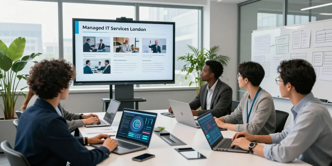 Team collaborating on managed IT services London in a modern office meeting space, showcasing data analysis and strategies for effective IT solutions.