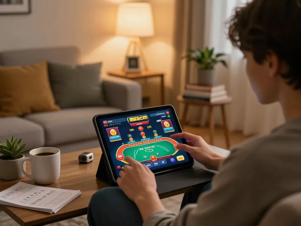 A user engages with casino games on 88aa com from a cozy sofa, showcasing online gaming in a home setting.