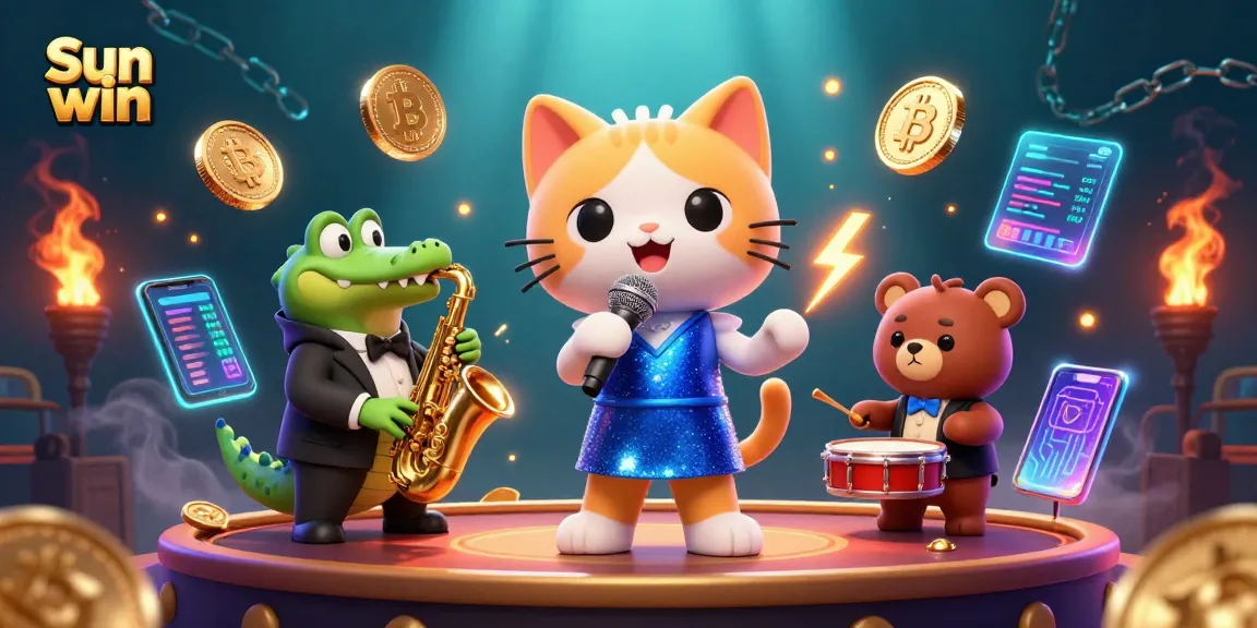 Join the excitement of Sun win with the 3D jazzy casino experience featuring vibrant characters and crypto elements.