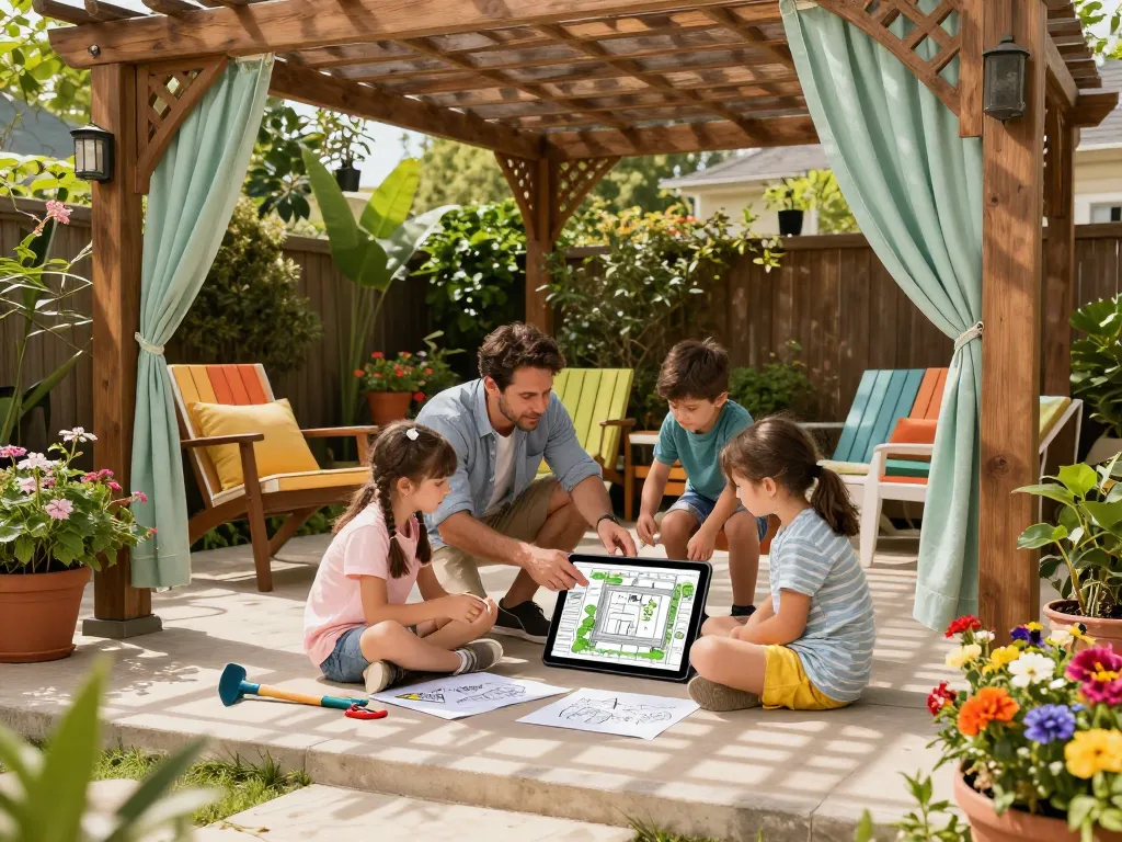 Family using a pergola 3D planner to visualize their outdoor patio design with vibrant garden elements.
