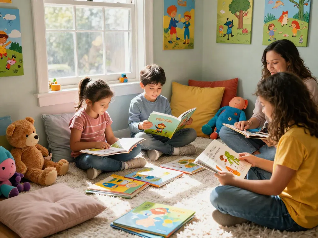 Children exploring rokok88 apk themed storybooks in a cozy reading nook