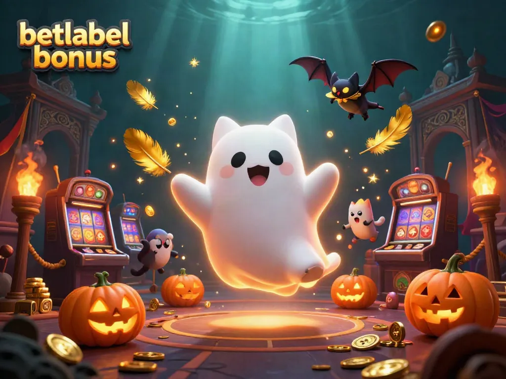 Experience the thrilling betlabel bonus with a playful ghost cat and friends in a vibrant casino scene.