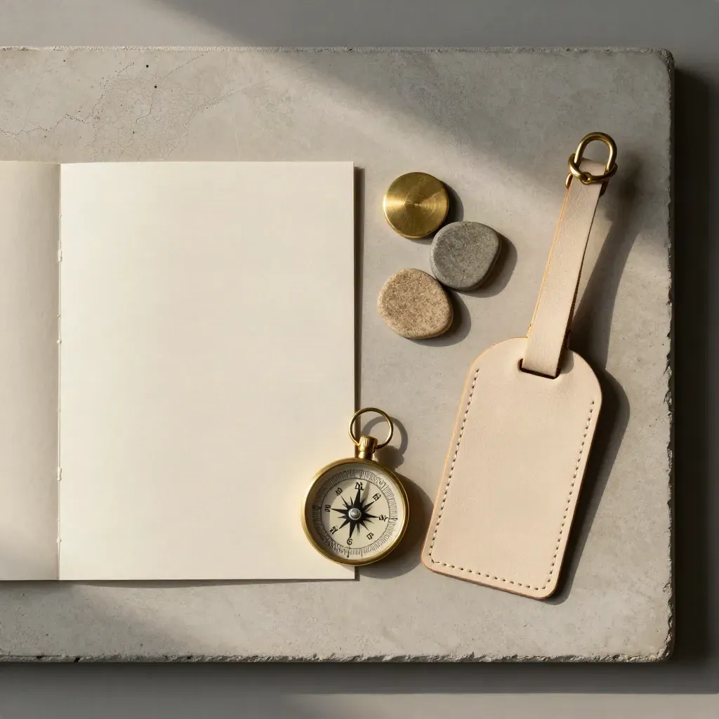 Flatlay di kit viaggio per Roma con mappa, charm bussola, etichetta valigia e gettoni sabbia.