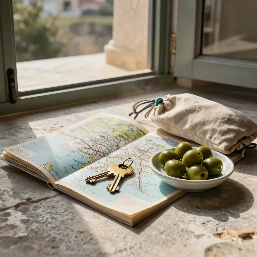 Kit viaggio per la Toscana su terrazza in pietra con atlante, chiavi e ciotola d’olive.