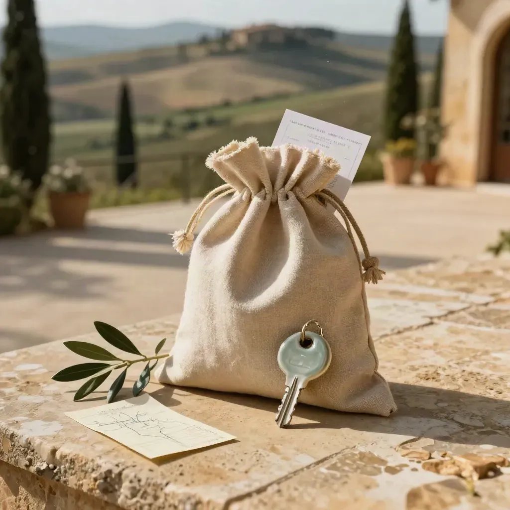Kit soggiorno villa in Val d’Orcia su travertino, lino mosso dal vento e rami d’ulivo.