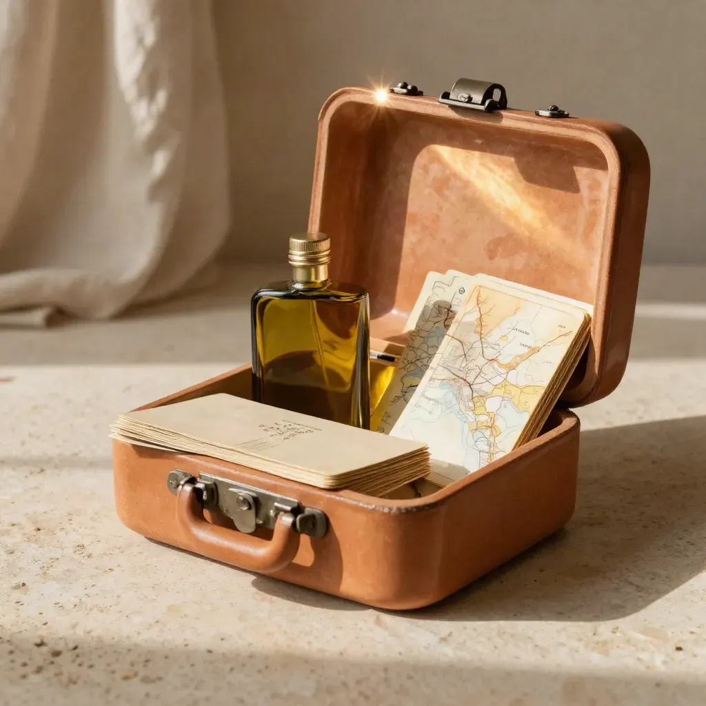 Box viaggio Puglia con ceramica terracotta, olio d’oliva e mappa piegata su travertino chiaro.