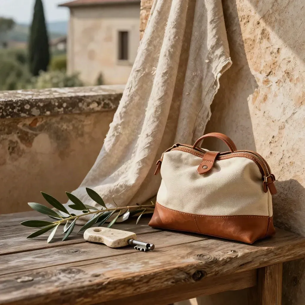Set per villa in Umbria con lino, chiave di pietra, ramo d’ulivo e pouch da viaggio.