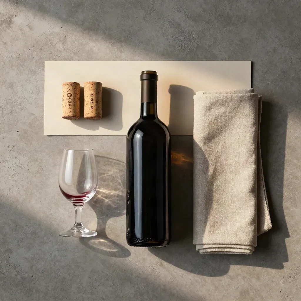 Kit degustazione Chianti con bottiglia, calice, tappi e lino su cemento chiaro.