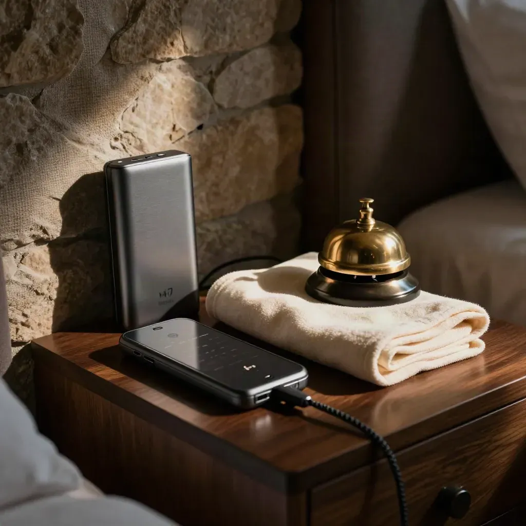 Kit viaggio notturno su comodino d’hotel con telefono, power bank e campanello in ottone.