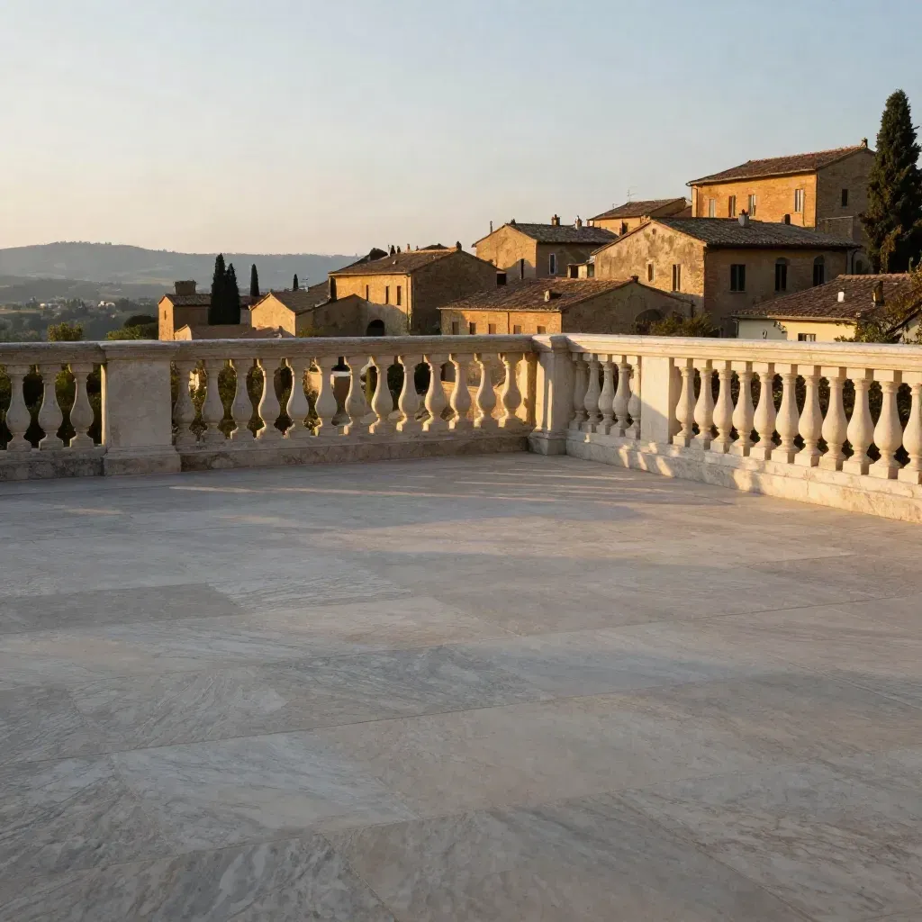 Terrazza toscana al tramonto con balaustra in pietra, tetti lontani e cipressi nella foschia.