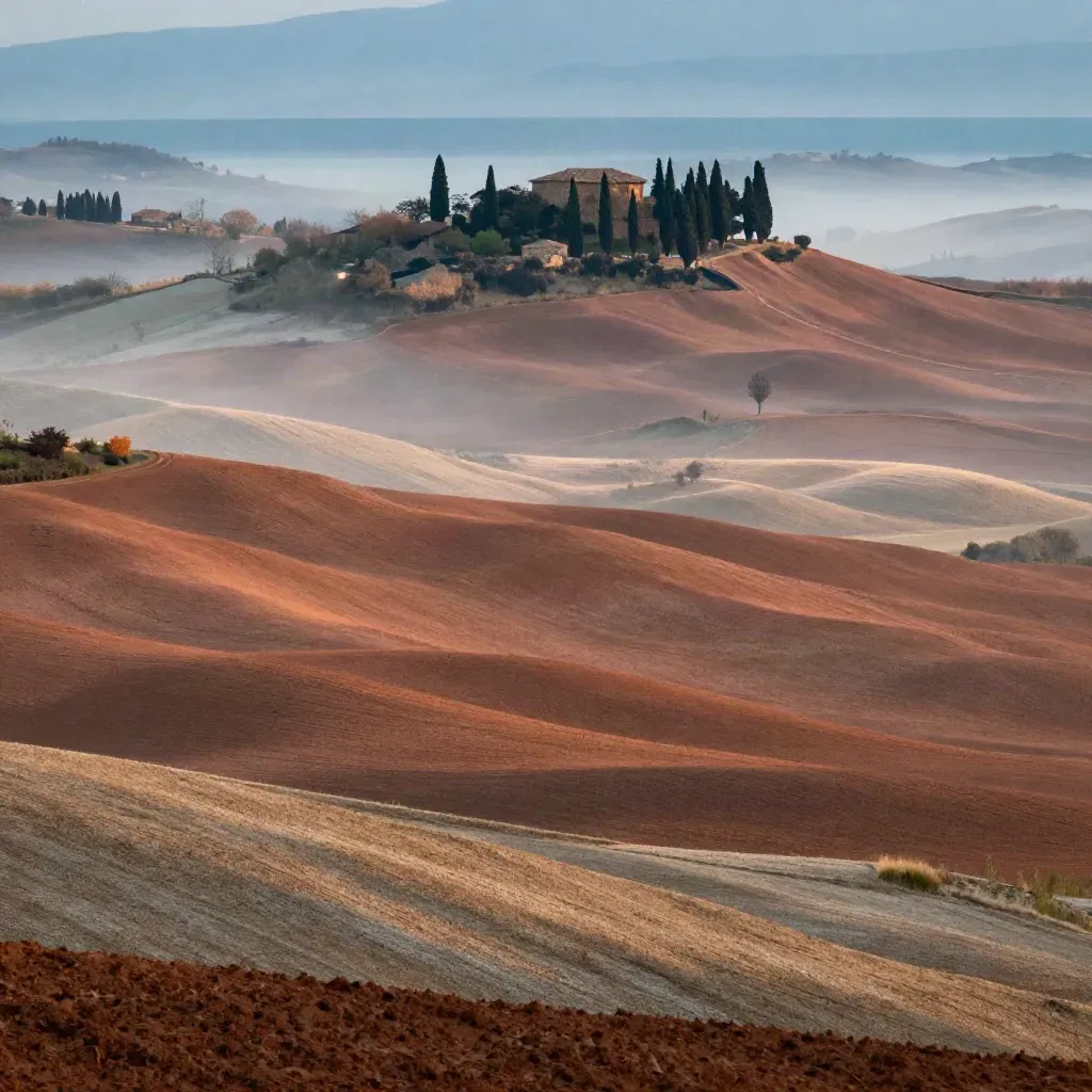 Valle umbra con villa isolata e cipressi tra campi velati di nebbia mattutina.