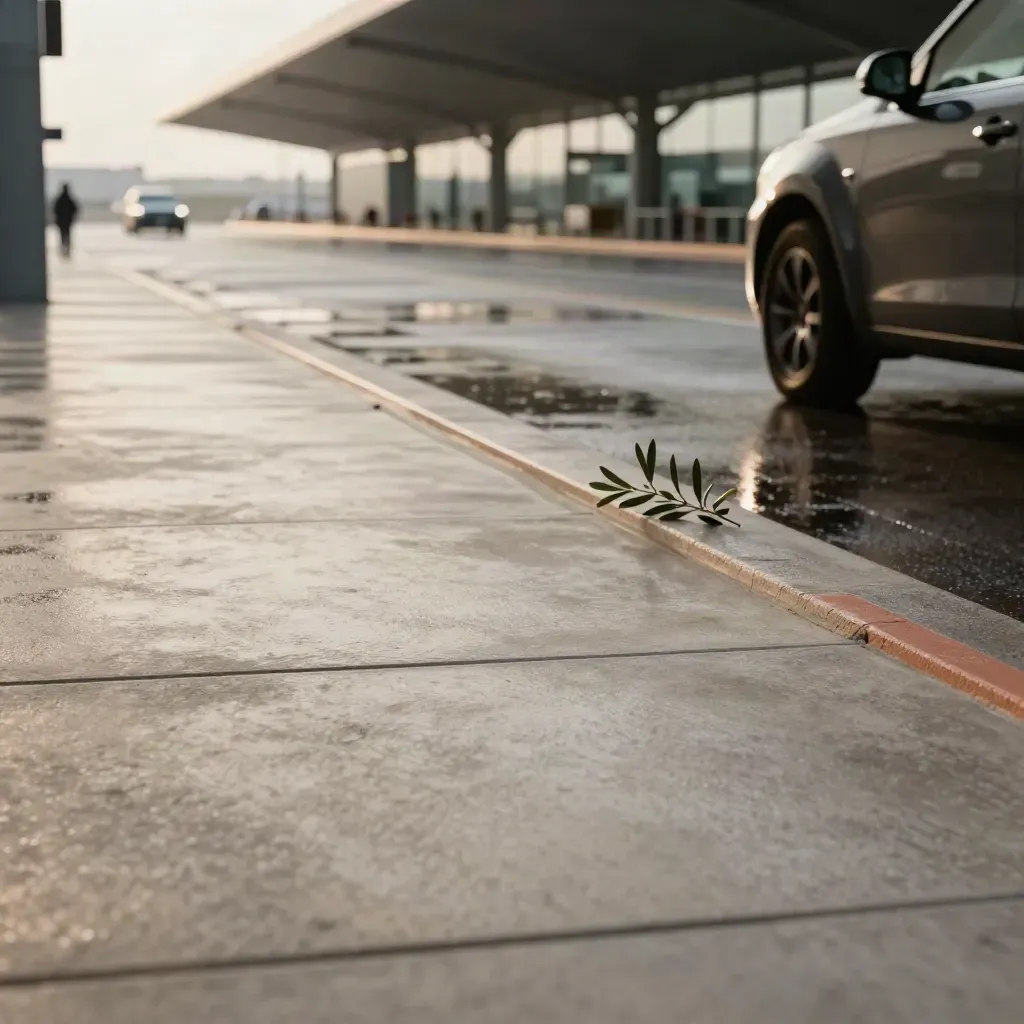 Bordo aeroporto bagnato con cemento, pietra, ramo d’ulivo e auto sfocata sotto luce radente.
