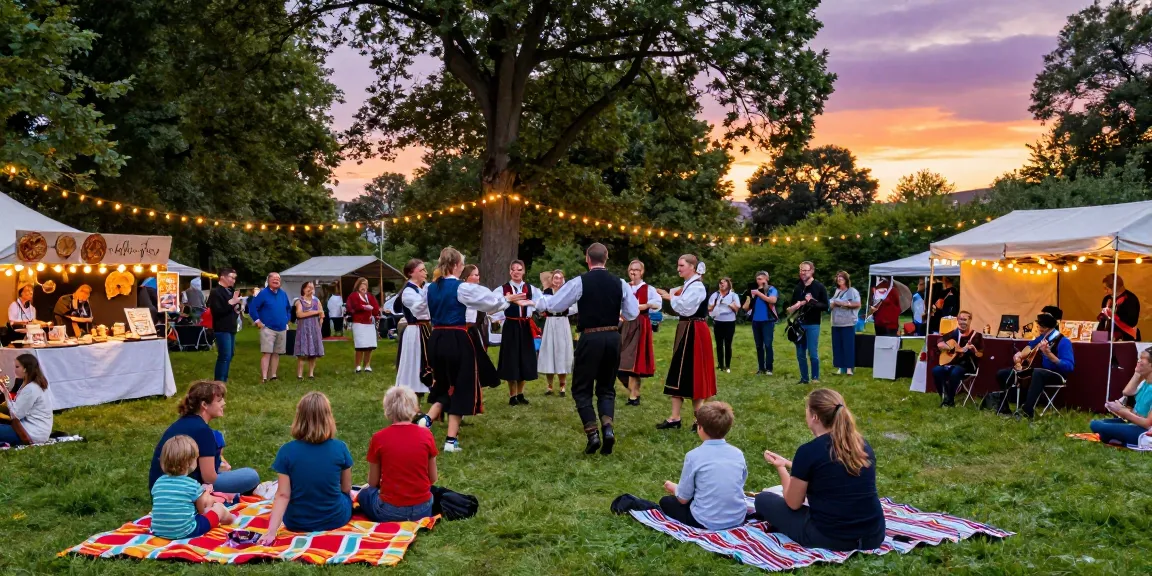 Cultural summer festival in a park featuring vibrant activities promoting m98 true wallet alongside local Breton traditions.