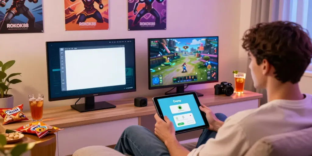 Engaged user playing ROKOK88 on smartphone, showcasing Gopay payment option in a cozy gaming environment.