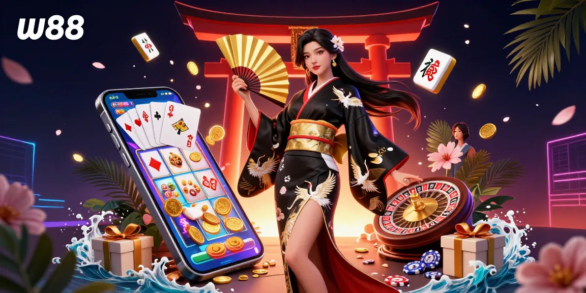 w88 players enjoy an exhilarating online casino experience surrounded by festive gaming elements and vibrant colors.